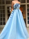 Princess Strapless Organza Sweep Train Prom Dresses With Appliques Lace #UKM020113785
