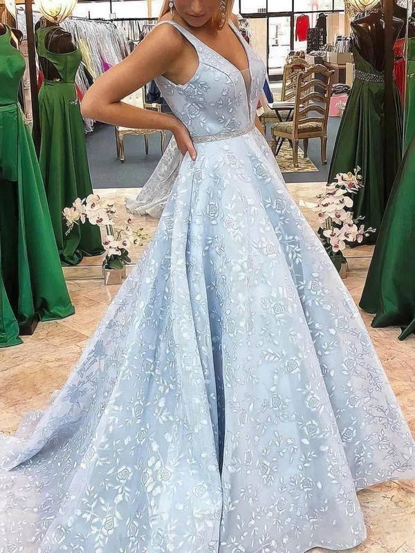 Princess V-neck Lace Sweep Train Prom Dresses With Beading #UKM020113787