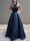 A-line Scoop Neck Satin Floor-length Prom Dresses With Beading #UKM020113790