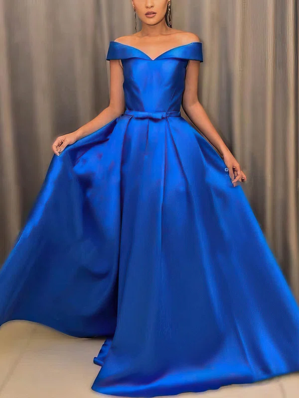 A-line Off-the-shoulder Satin Sweep Train Prom Dresses With Sashes / Ribbons #UKM020113794