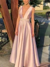 A-line V-neck Satin Floor-length Prom Dresses With Beading #UKM020113796