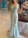 Trumpet/Mermaid V-neck Lace Floor-length Prom Dresses With Appliques Lace #UKM020113803
