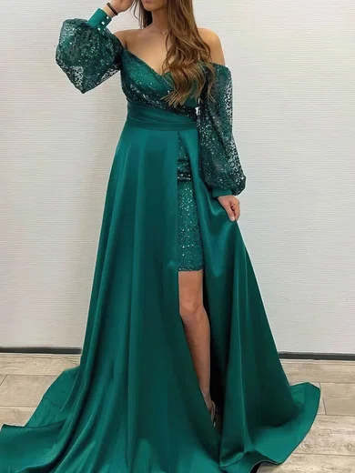 A-line Off-the-shoulder Satin Sequined Sweep Train Prom Dresses With Split Front #UKM020113808