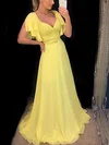 A-line V-neck Chiffon Sweep Train Prom Dresses With Sashes / Ribbons #UKM020113813