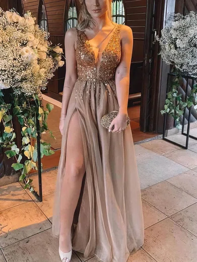 A-line V-neck Tulle Floor-length Prom Dresses With Split Front #UKM020113817