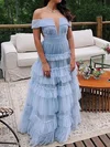 A-line Off-the-shoulder Tulle Floor-length Prom Dresses With Tiered #UKM020113819