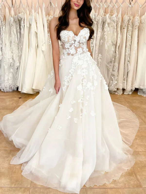 A-line Sweetheart Organza Court Train Wedding Dresses With Beading #UKM00024706