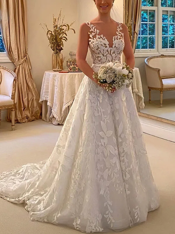 Ball Gown/Princess V-neck Lace Tulle Sweep Train Wedding Dresses With Sashes / Ribbons #UKM00024735