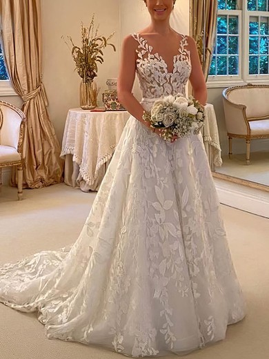 Ball Gown/Princess V-neck Lace Tulle Sweep Train Wedding Dresses With Sashes / Ribbons #UKM00024735