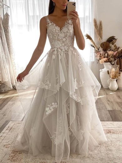 A-line V-neck Tulle Sweep Train Wedding Dresses With Cascading Ruffles #UKM00024743