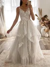 A-line V-neck Tulle Sweep Train Wedding Dresses With Cascading Ruffles #UKM00024743