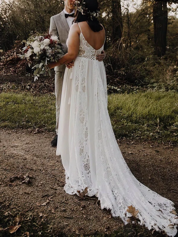 A-line V-neck Lace Chiffon Sweep Train Wedding Dresses #UKM00024763