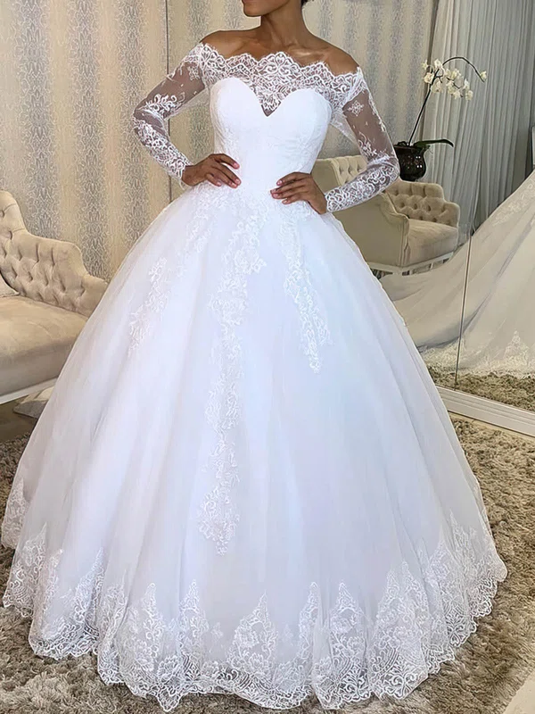 Ball Gown/Princess Off-the-shoulder Tulle Court Train Wedding Dresses With Appliques Lace #UKM00024817