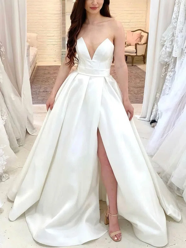 Ball Gown/Princess V-neck Satin Sweep Train Wedding Dresses With Split Front #UKM00025256