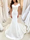 Trumpet/Mermaid Off-the-shoulder Satin Sweep Train Wedding Dresses With Ruffles #UKM00025261