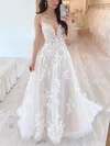 A-line V-neck Tulle Sweep Train Wedding Dresses With Appliques Lace #UKM00025288