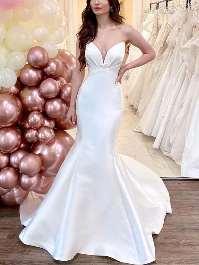 Trumpet/Mermaid V-neck Satin Sweep Train Wedding Dresses With Ruffles #UKM00025293