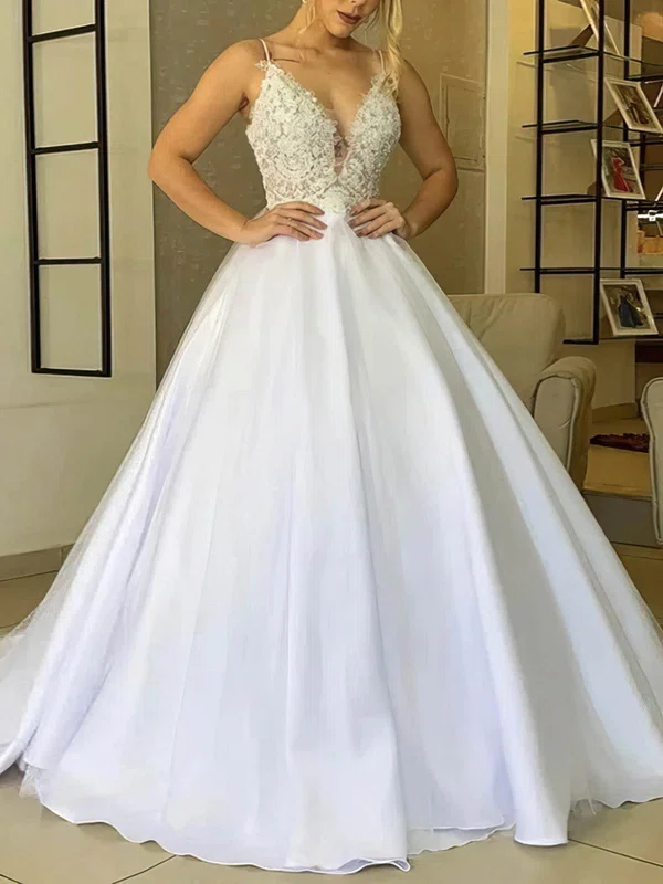 Ball Gown/Princess V-neck Satin Sweep Train Wedding Dresses With Appliques Lace #UKM00025377