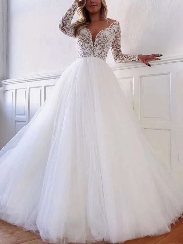 Ball Gown/Princess Off-the-shoulder Tulle Lace Sweep Train Wedding Dresses #UKM00025745