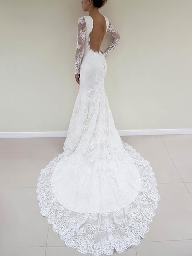 Trumpet/Mermaid Scoop Neck Lace Sweep Train Wedding Dresses #UKM00025772