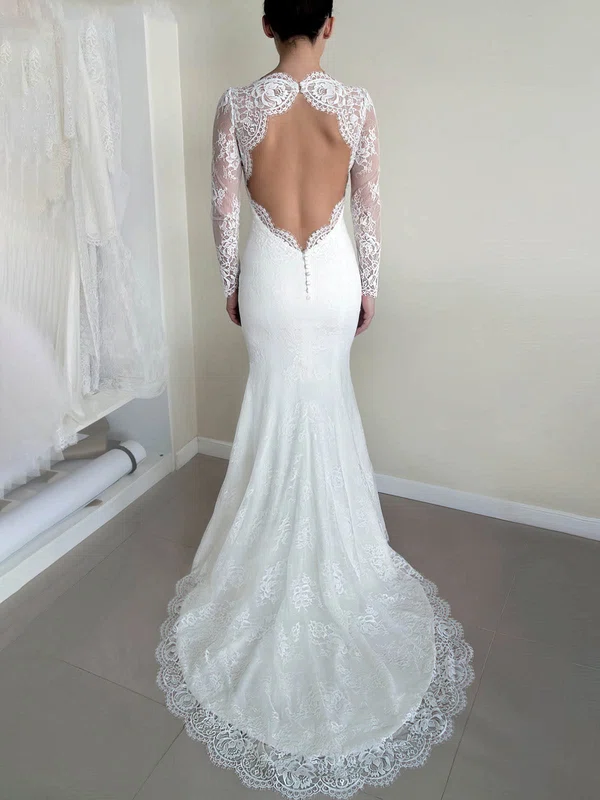 Trumpet/Mermaid V-neck Lace Sweep Train Wedding Dresses #UKM00025773