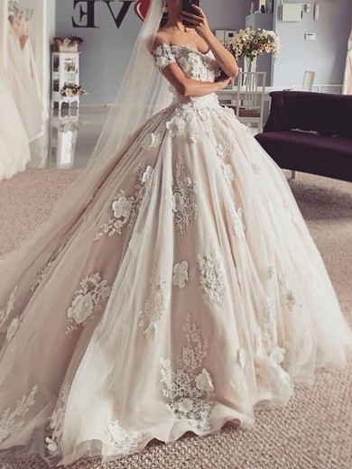 Ball Gown/Princess Off-the-shoulder Tulle Court Train Wedding Dresses With Flower(s) #UKM00025573