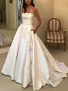 A-line Strapless Satin Sweep Train Wedding Dresses With Pockets #UKM00025857