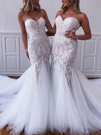 Trumpet/Mermaid Sweetheart Lace Tulle Sweep Train Wedding Dresses With Appliques Lace #UKM00025884