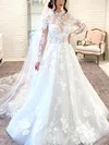 A-line High Neck Tulle Sweep Train Wedding Dresses With Appliques Lace #UKM00025965