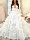 Ball Gown/Princess V-neck Satin Organza Sweep Train Wedding Dresses With Sashes / Ribbons #UKM00026004