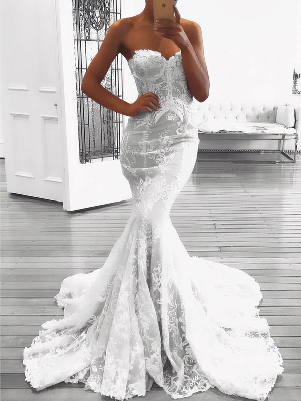 Trumpet/Mermaid Sweetheart Lace Tulle Sweep Train Wedding Dresses With Appliques Lace #UKM00026062