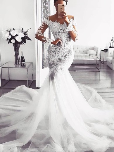 Trumpet/Mermaid Off-the-shoulder Tulle Sweep Train Wedding Dresses With Appliques Lace #UKM00026063