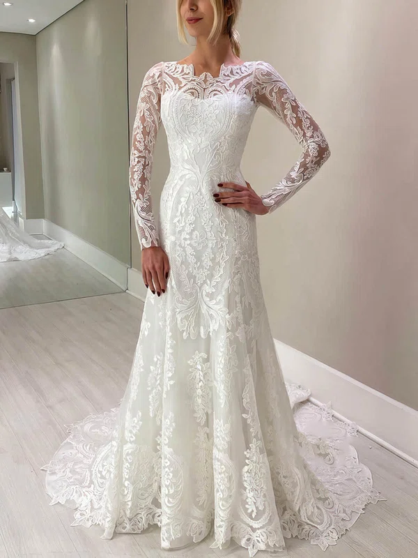 Trumpet/Mermaid Scoop Neck Lace Sweep Train Wedding Dresses With Appliques Lace #UKM00026145