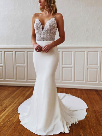 Trumpet/Mermaid V-neck Stretch Crepe Lace Sweep Train Wedding Dresses #UKM00026249