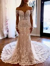 Trumpet/Mermaid Off-the-shoulder Tulle Court Train Wedding Dresses With Appliques Lace #UKM00026253