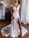 Trumpet/Mermaid Off-the-shoulder Lace Tulle Sweep Train Wedding Dresses With Flower(s) #UKM00026254