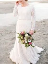 Sheath/Column Scoop Neck Lace Sweep Train Wedding Dresses With Sashes / Ribbons #UKM00026329