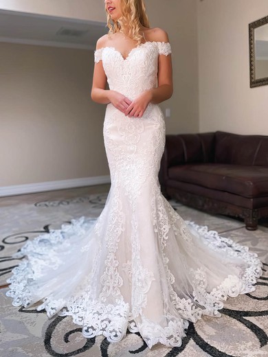 Trumpet/Mermaid Off-the-shoulder Tulle Sweep Train Wedding Dresses With Appliques Lace #UKM00026413