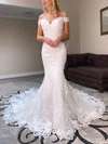 Trumpet/Mermaid Off-the-shoulder Tulle Sweep Train Wedding Dresses With Appliques Lace #UKM00026413