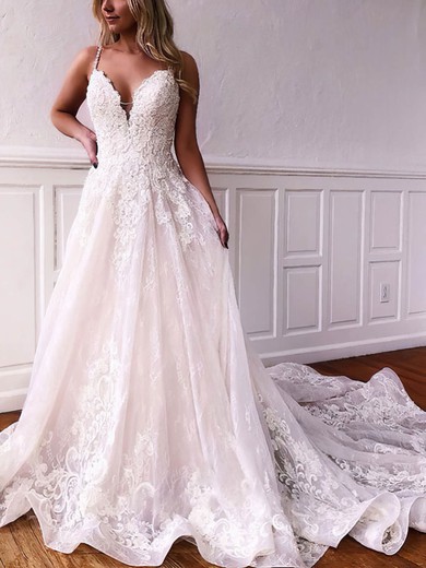 A-line V-neck Lace Tulle Sweep Train Wedding Dresses With Appliques Lace #UKM00026443