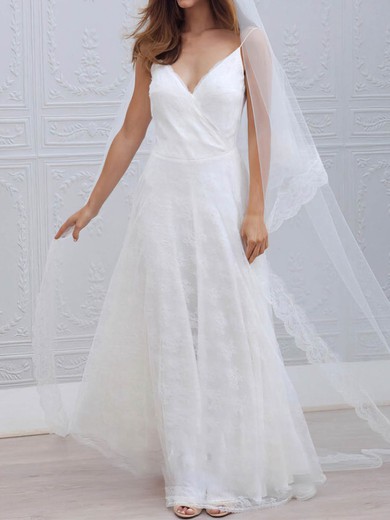 A-line V-neck Lace Floor-length Wedding Dresses #UKM00026458