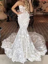 Trumpet/Mermaid Sweetheart Lace Tulle Sweep Train Wedding Dresses With Appliques Lace #UKM00026665