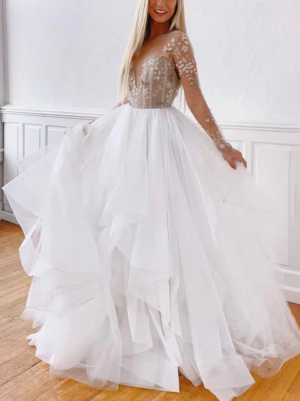 Ball Gown/Princess Scoop Neck Tulle Floor-length Wedding Dresses With Cascading Ruffles #UKM00026678