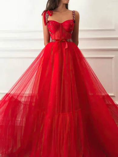 Red Ball Gown Sweetheart Tulle Prom Dresses With Beading #UKM020109612
