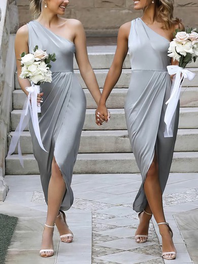 Sheath/Column One Shoulder Satin Asymmetrical Bridesmaid Dresses With Split Front #UKM01014655