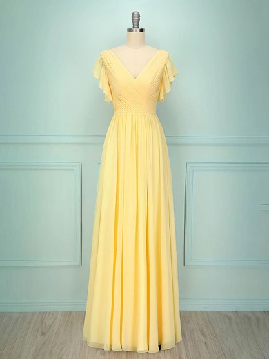 A-line V-neck Chiffon Floor-length Bridesmaid Dresses With Cascading Ruffles #UKM01015743