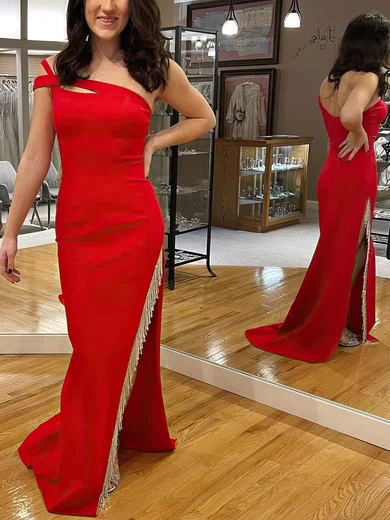 Sheath/Column Off-the-shoulder Stretch Crepe Sweep Train Prom Dresses With Beading #UKM020113826