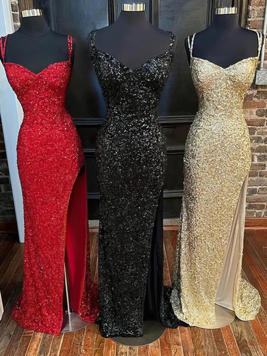 Sheath/Column V-neck Sequined Sweep Train Prom Dresses With Split Front #UKM020113834