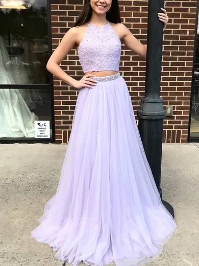 A-line Halter Lace Tulle Sweep Train Prom Dresses With Sashes / Ribbons #UKM020113841