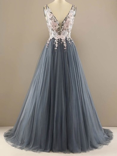 A-line V-neck Tulle Sweep Train Prom Dresses With Appliques Lace #UKM020113842